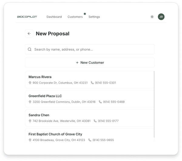 New proposal builder showing service catalog line items.