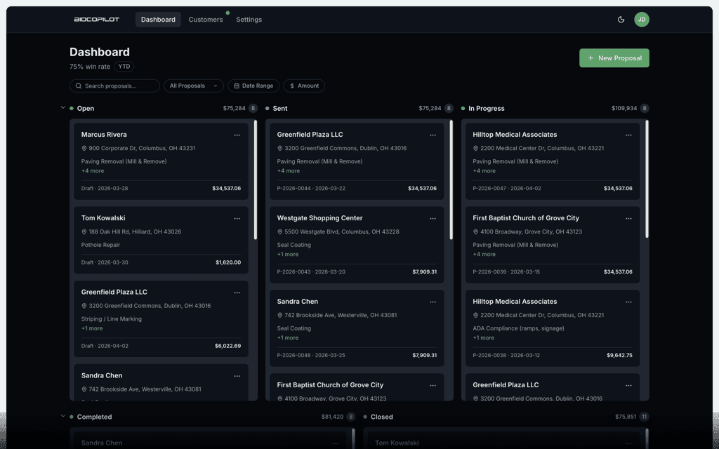 Bid Copilot product dashboard showing new proposals, in-progress jobs, and recently signed contracts.