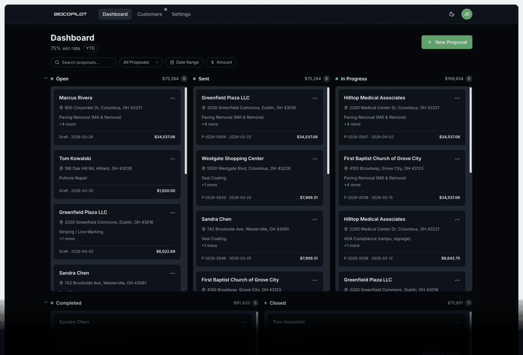 Bid Copilot product dashboard showing new proposals, in-progress jobs, and recently signed contracts.