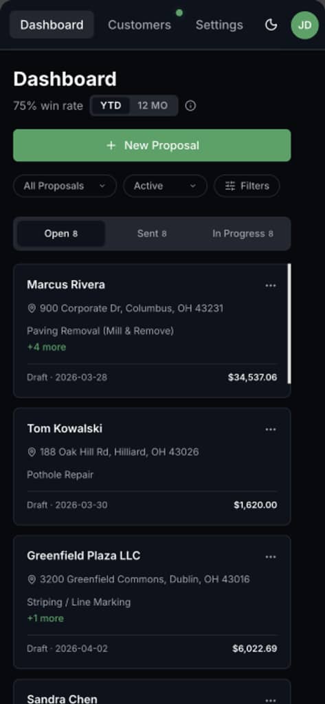 Bid Copilot product dashboard showing new proposals, in-progress jobs, and recently signed contracts.