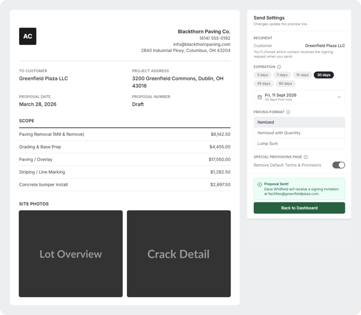 DocuSeal e-signature panel embedded in a proposal.