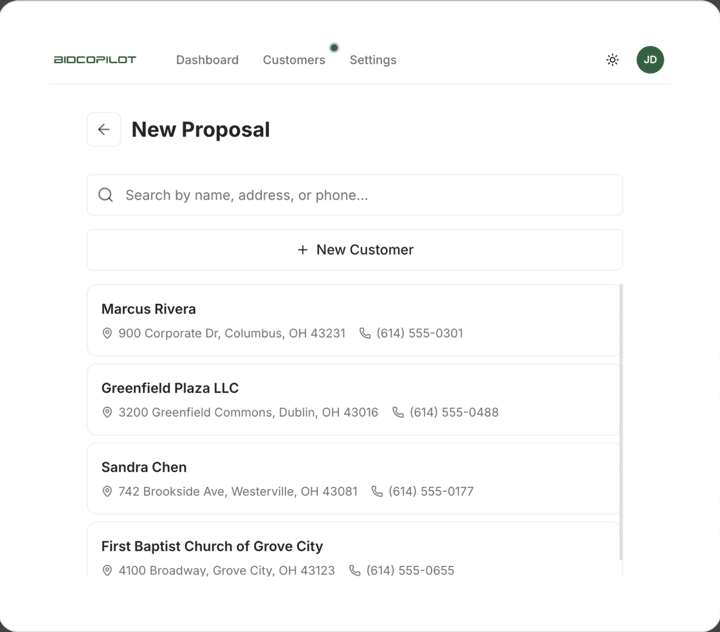 New proposal builder showing service catalog line items.